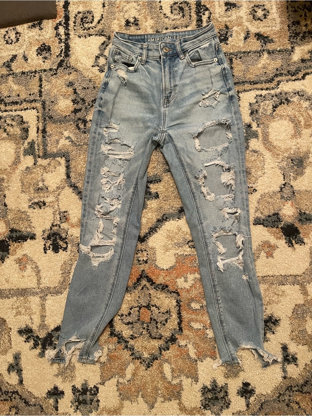 American Eagle Outfitters Light Blue High-Rise Ripped Mom Jeans
